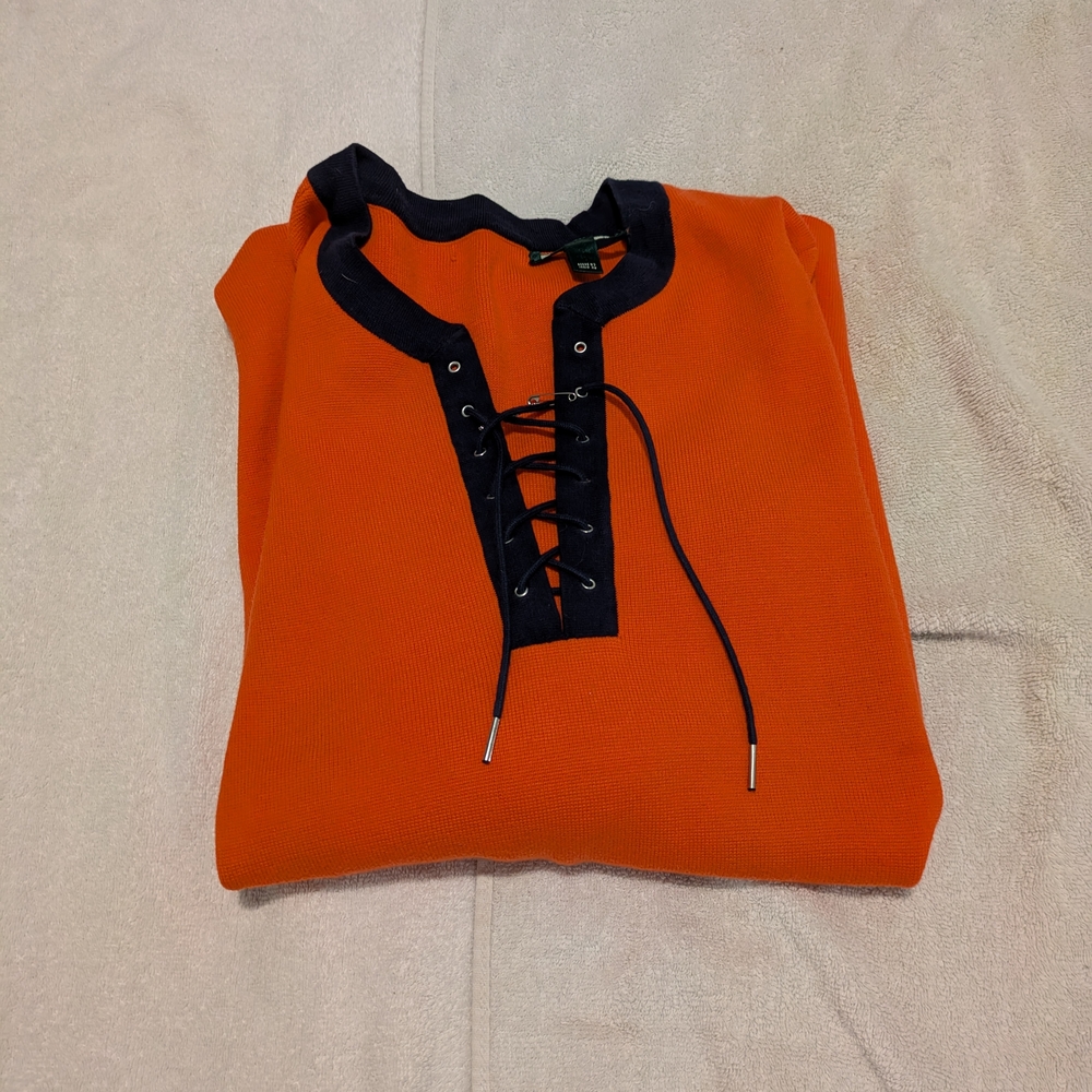 Orange Lace-Up Top with Navy Blue Trim